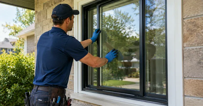 technician measuring a broken window pane for replacement in Maple Park, Welland