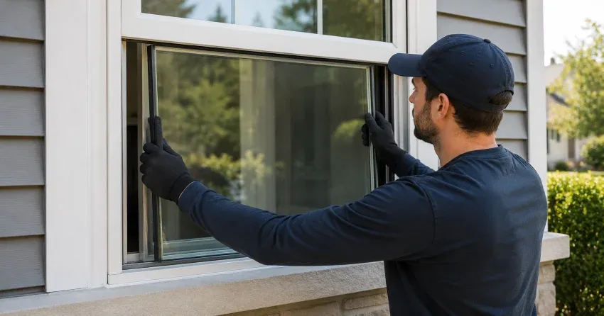 technician boarding up broken window during emergency glass repair West Main, Welland