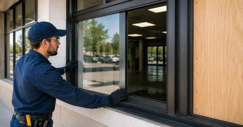 technician boarding a broken window after a break-in in West Main, Welland