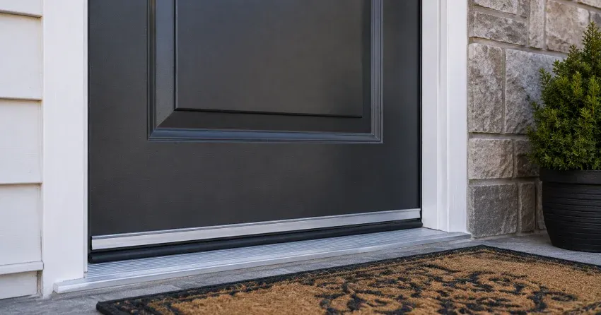 technician replacing worn door weatherstripping in West Main, Welland home