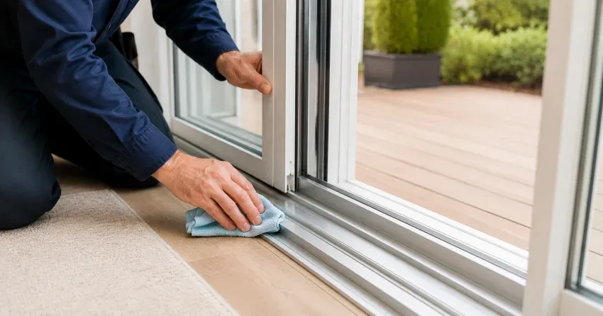technician inspecting a sliding patio door track in Chippawa Park, Welland