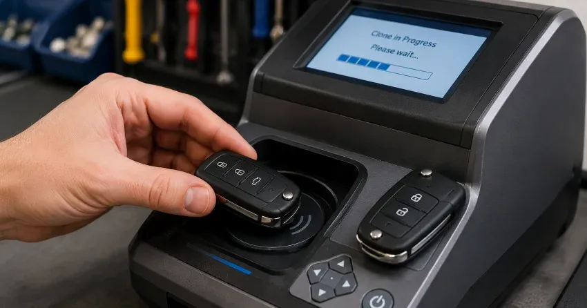 mobile locksmith performing car door key duplication Market Square, Welland on-site