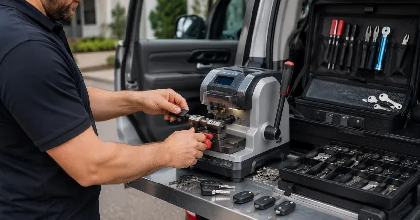 technician cutting a replacement car door lock key in Central Welland, Welland