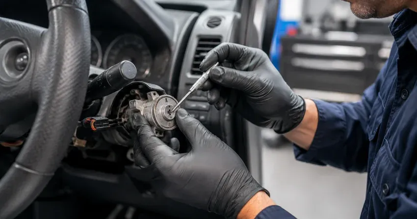technician diagnosing an ignition lock repair issue in Crowland, Welland