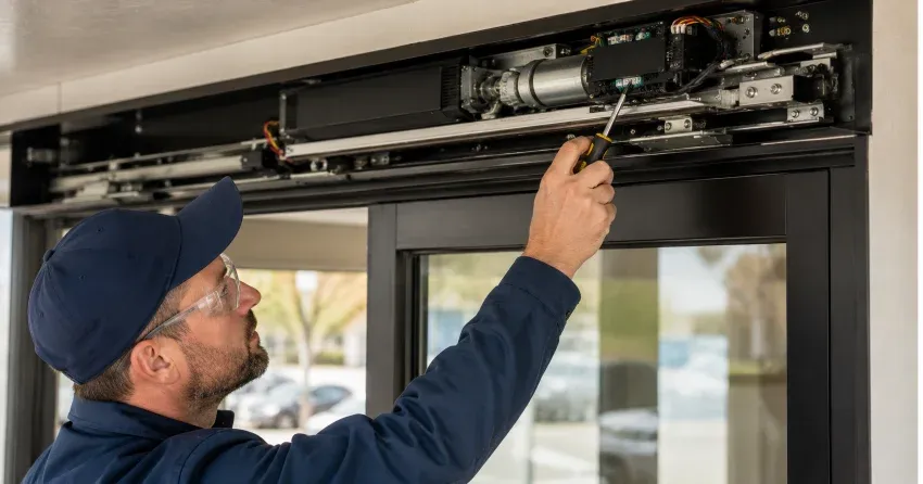 technician completing automatic door repair on residential property in Welland