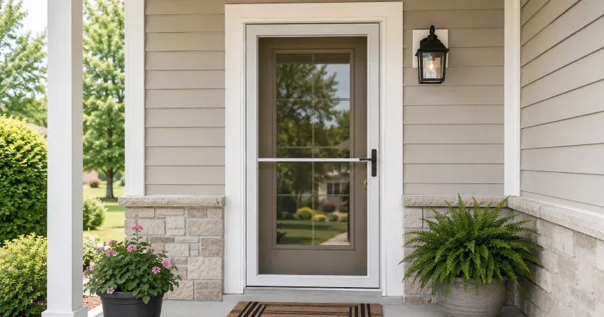 technician hanging storm door square and plumb in Welland South, Welland
