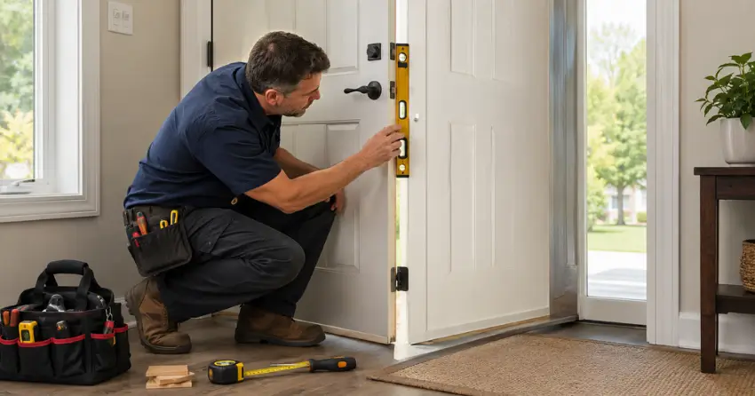 technician diagnosing a misaligned door frame in Coyle, Welland