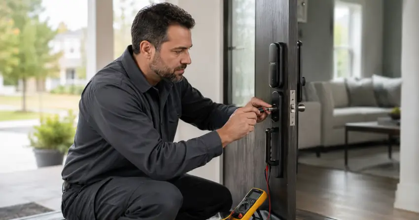 technician diagnosing automatic door lock mechanism on residential door in Crowland, Welland