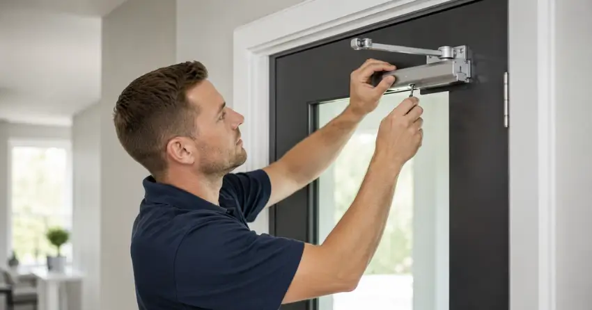 technician adjusting door closer hydraulic valve in Crowland, Welland home