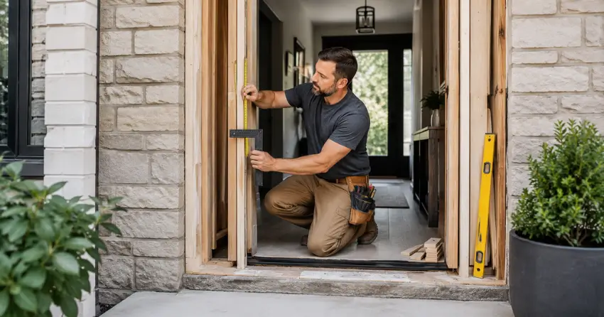 exterior door installer assessing rough opening in Cordage, Welland