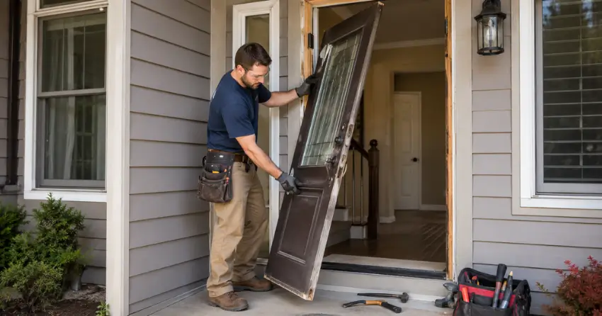 old exterior door being removed for replacement in Cordage, Welland