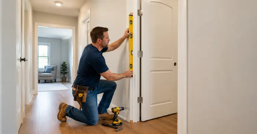 technician installing a pre-hung interior door in a home hallway Coyle, Welland
