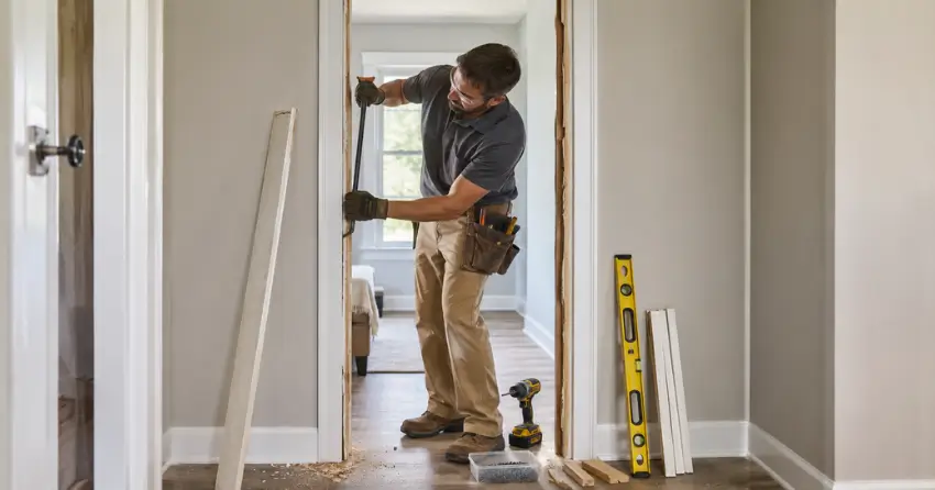 technician removing an old interior door frame during installation Welland