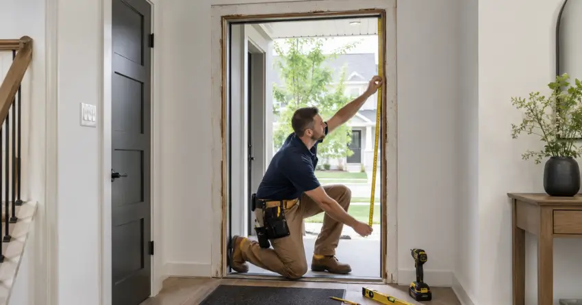 technician measuring a door frame before new door installation in Coyle, Welland