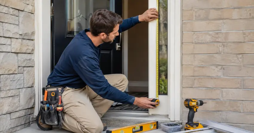 technician measuring door frame before storm door install in Market Square, Welland