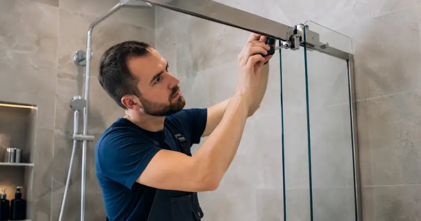 technician adjusting shower door hinge and track in Central Welland, Welland