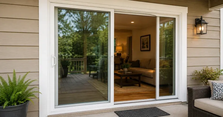 Patio Door Installation technician setting a new frame in Coyle, Welland