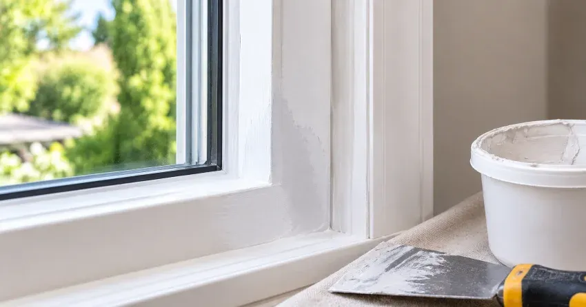 technician repairing rotted window frame corner in Chippawa Park, Welland