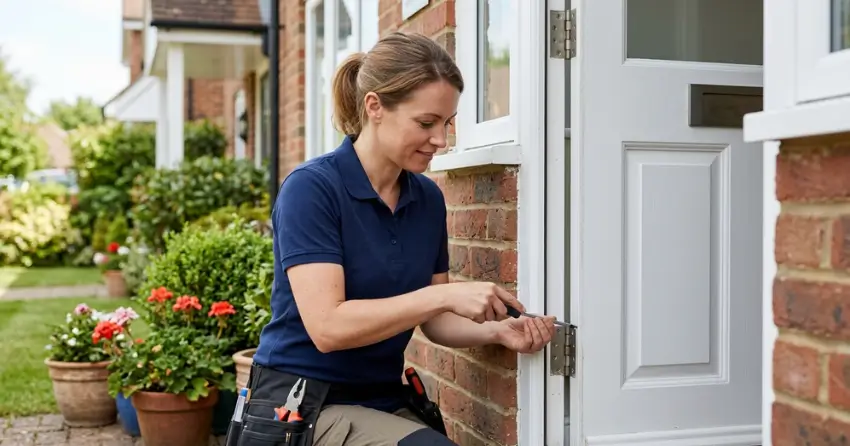 technician repairing exterior door hinge and frame in Central Welland, Welland