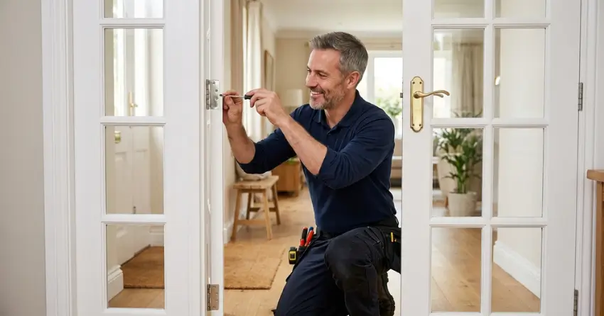 technician adjusting French door hinge for proper alignment in Crowland, Welland