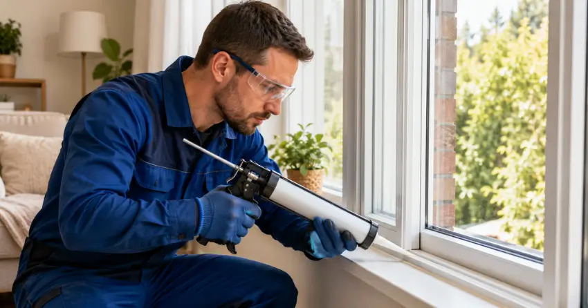 technician repairing window seal and frame in Welland
