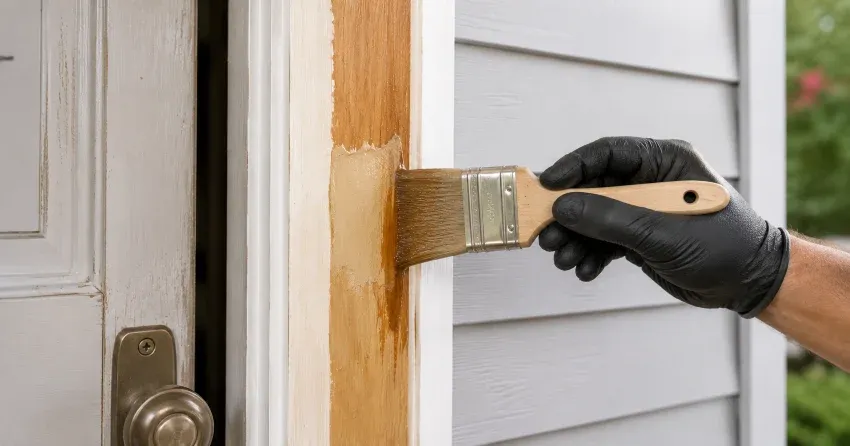 technician probing rotted wood on a door frame in Cooks Mills, Welland