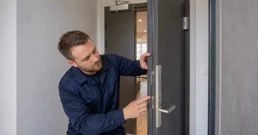 technician inspecting fire-rated door seal and hardware in West Main, Welland