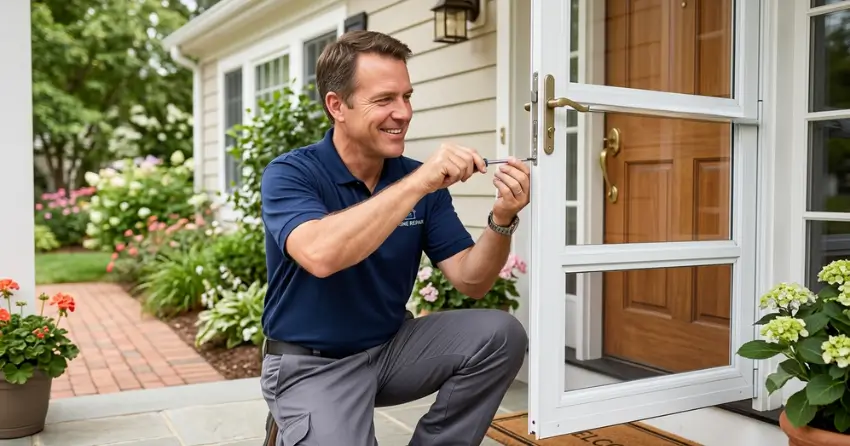 technician adjusting storm door hinge and closer in Maple Park, Welland
